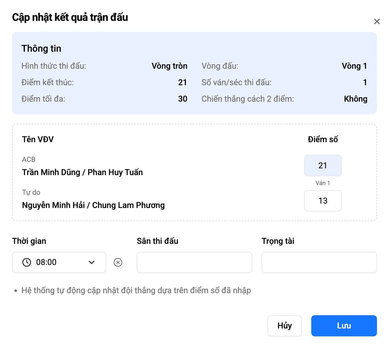 Cập nhật trận đấu